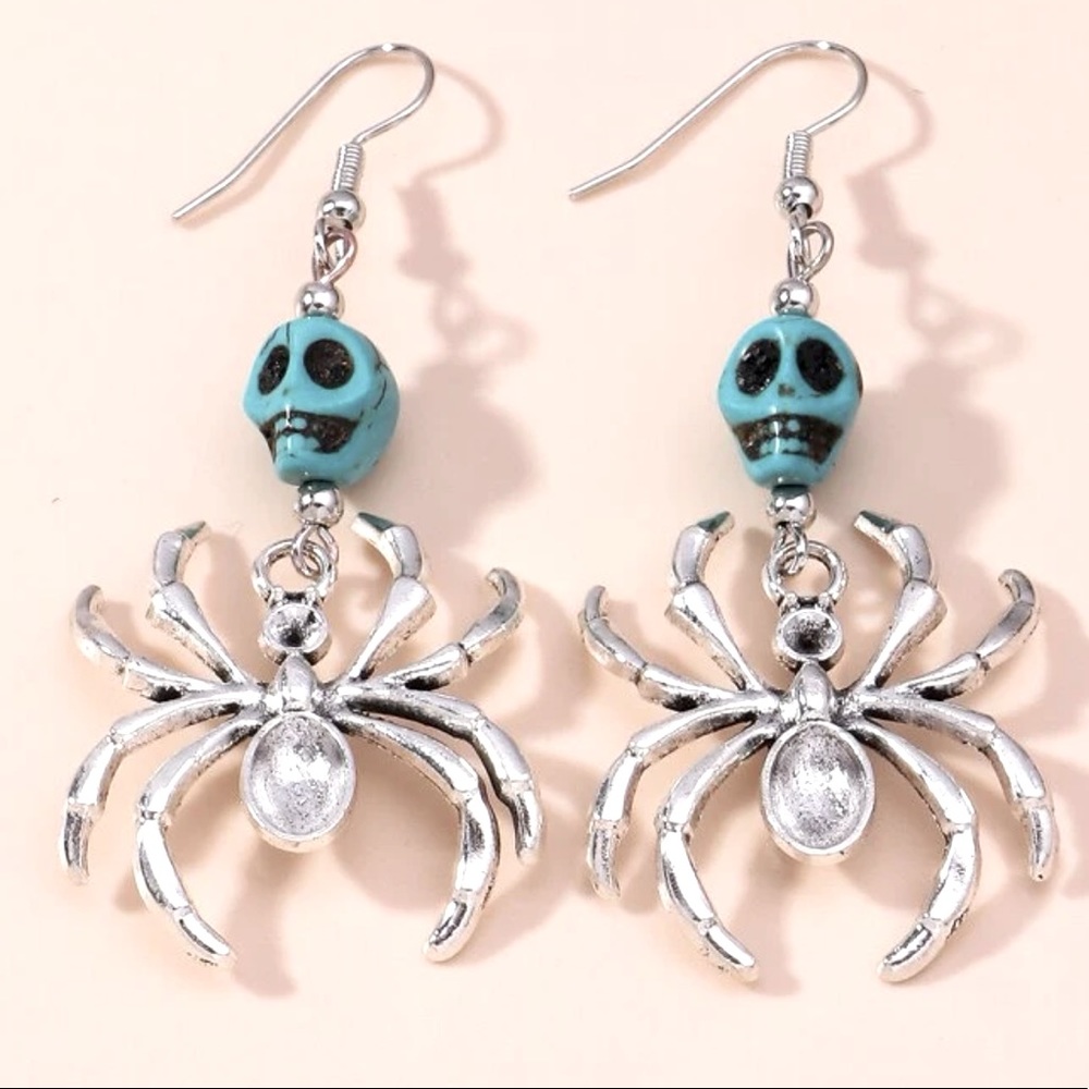 NWT Goth Boutique Skull Turquoise Spider Silver Tone Earrings